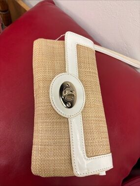 Ann Taylor Straw Clutch with White Trim and Gold Turn-Lock